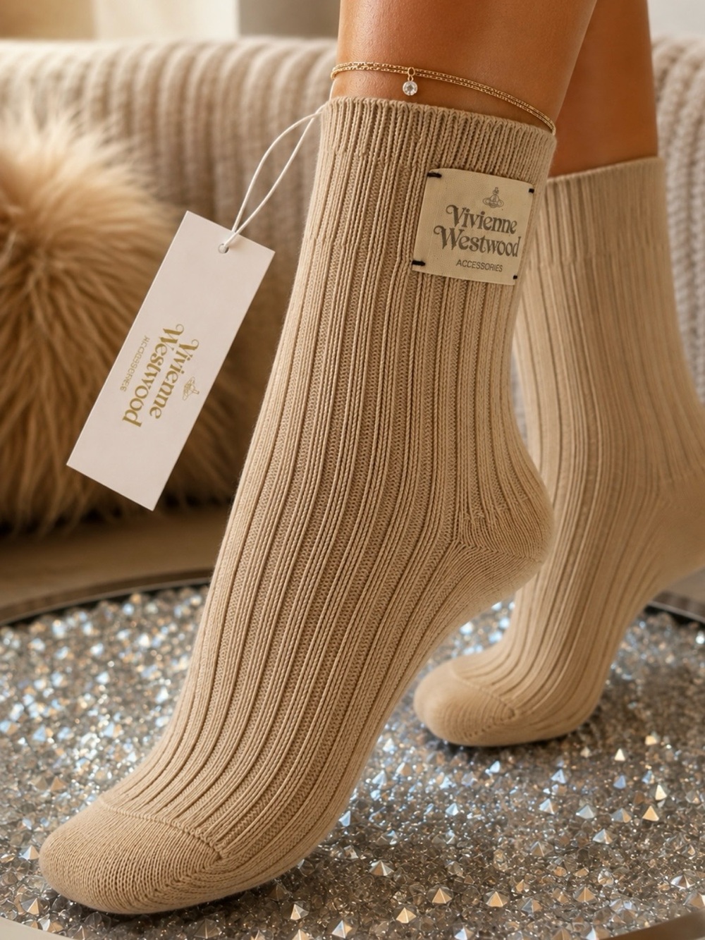 Vivienne Westwood Accessories Beige Ribbed Crew Socks NWT